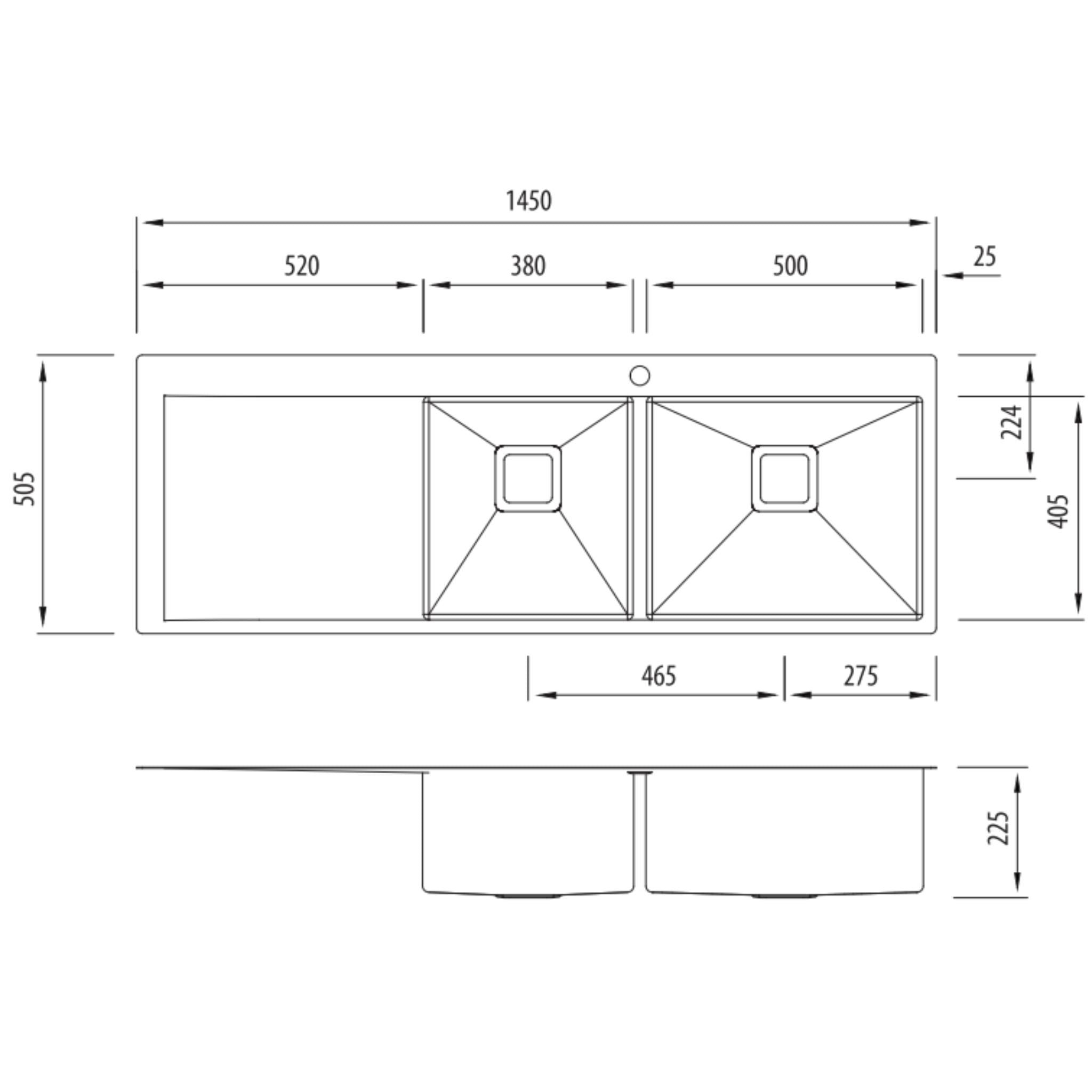 OLIVERI PROFESSIONAL 1 & 3/4 BOWL TOPMOUNT KITCHEN SINK WITH TAPHOLE & DRAINER STAINLESS STEEL 1450MM