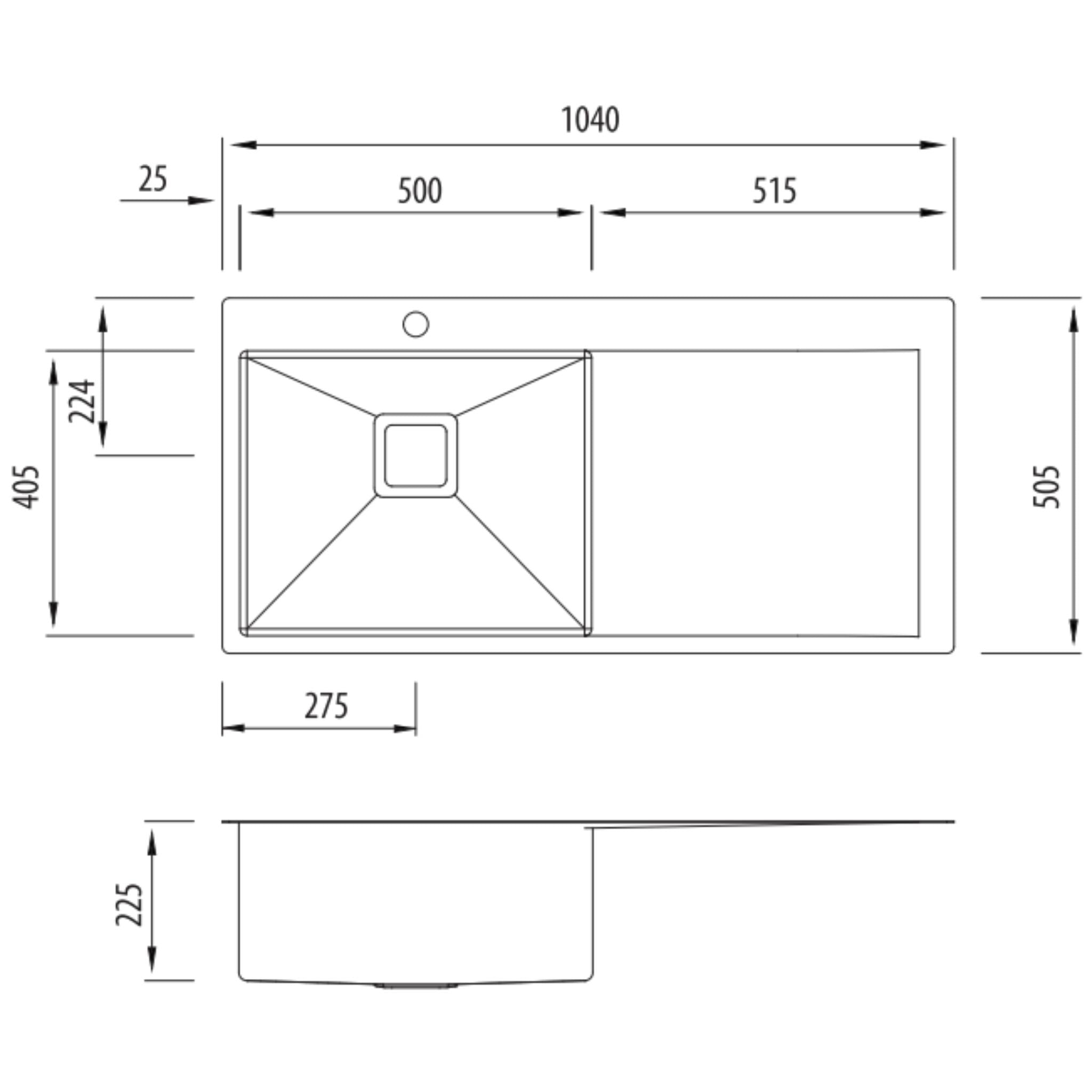 OLIVERI PROFESSIONAL SINGLE BOWL TOPMOUNT KITCHEN SINK WITH DRAINER STAINLESS STEEL 1040MM