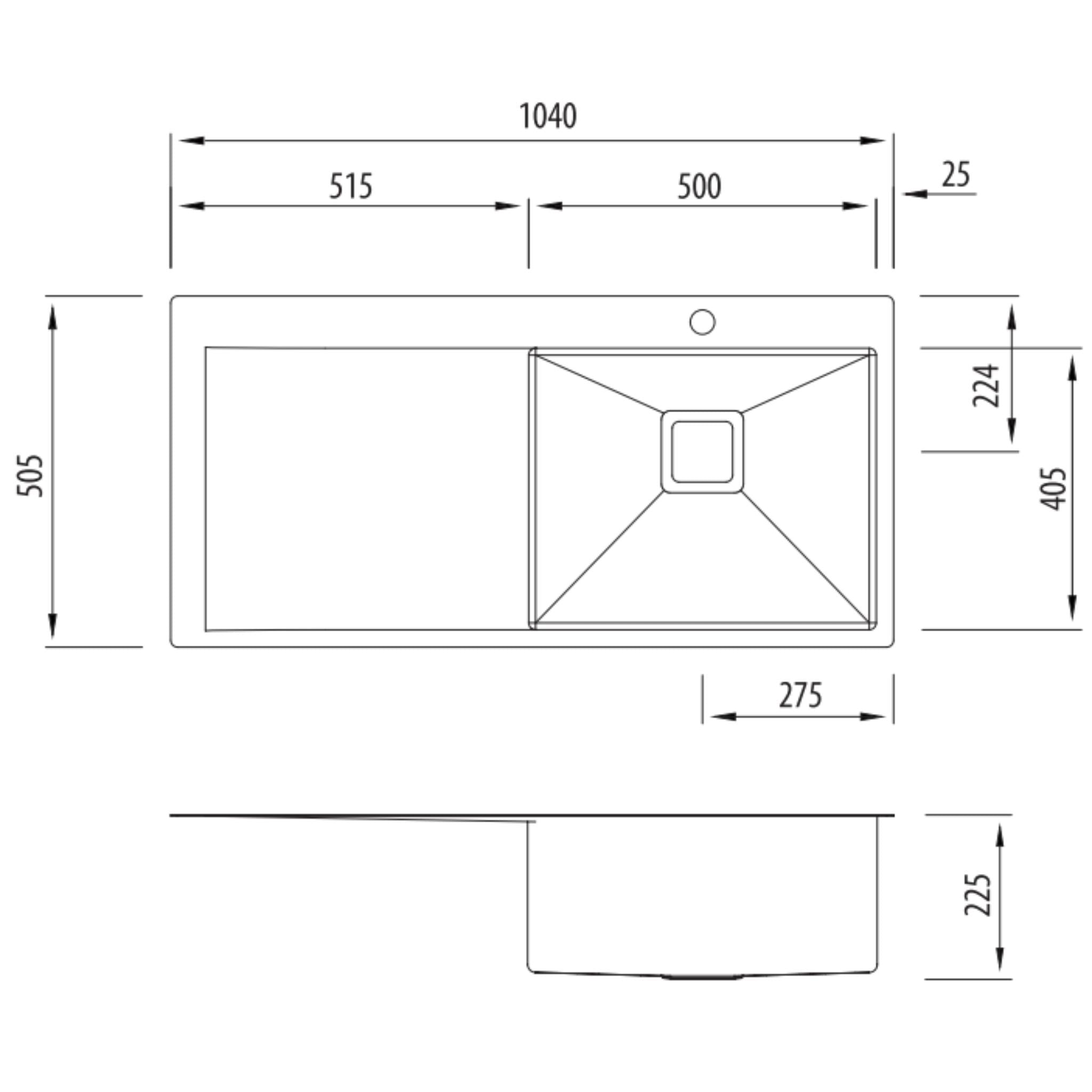 OLIVERI PROFESSIONAL SINGLE BOWL TOPMOUNT KITCHEN SINK WITH DRAINER STAINLESS STEEL 1040MM