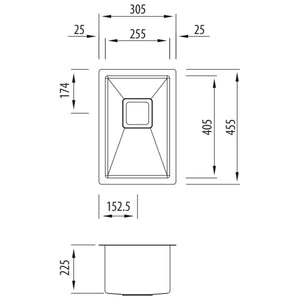OLIVERI PROFESSIONAL 1/2 SINGLE BOWL UNDERMOUNT KITCHEN SINK STAINLESS STEEL 305MM