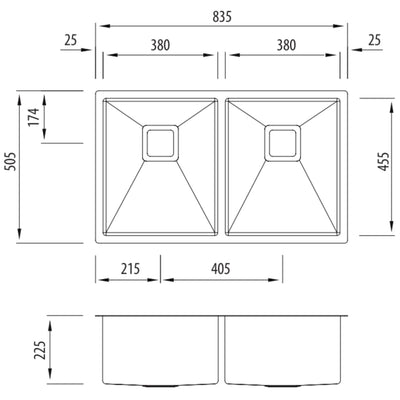 OLIVERI PROFESSIONAL DOUBLE BOWL UNDERMOUNT KITCHEN SINK STAINLESS STEEL 835MM