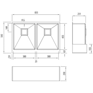 OLIVERI PROFESSIONAL DOUBLE BOWL UNDERMOUNT BUTLER SINK WITH APRON STAINLESS STEEL 835MM
