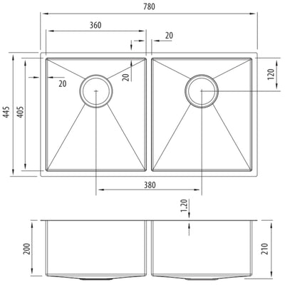 OLIVERI SPECTRA DOUBLE BOWL KITCHEN SINK GUNMETAL 780MM