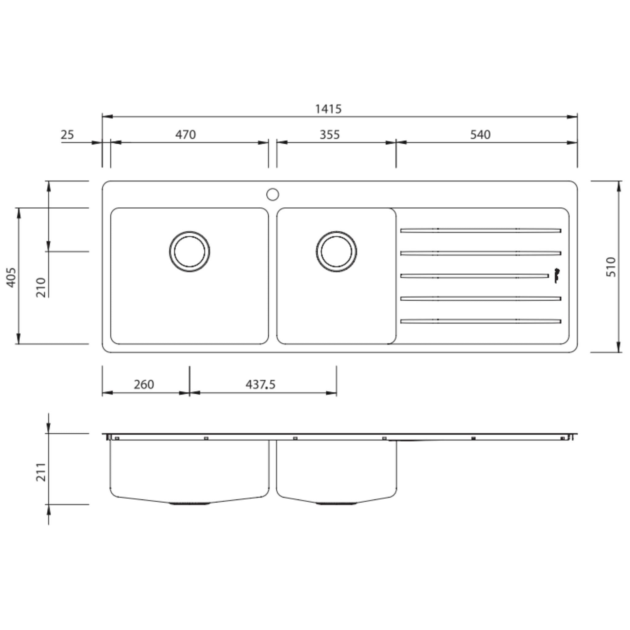 OLIVERI SONETTO 1 & 3/4 BOWL TOPMOUNT KITCHEN SINK WITH TAPHOLE & DRAINER STAINLESS STEEL 1415MM
