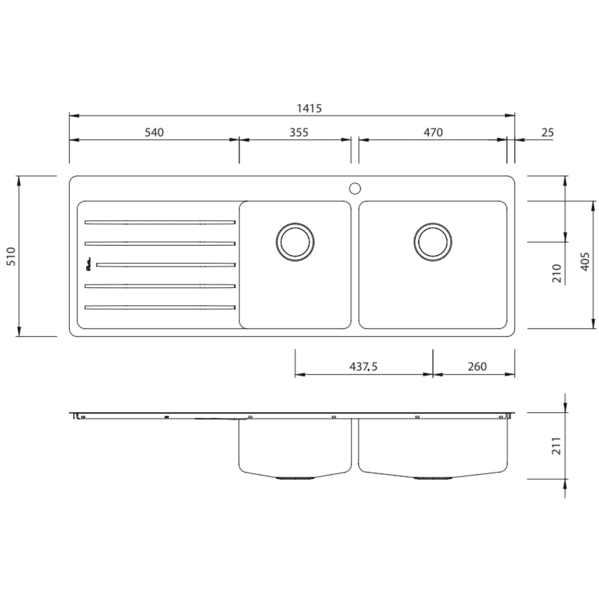 OLIVERI SONETTO 1 & 3/4 BOWL TOPMOUNT KITCHEN SINK WITH TAPHOLE & DRAINER STAINLESS STEEL 1415MM