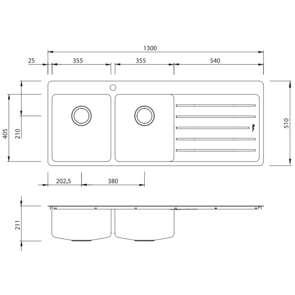 OLIVERI SONETTO DOUBLE BOWL TOPMOUNT ALFRESCO AND KITCHEN SINK WITH TAPHOLE & DRAINER STAINLESS STEEL 1300MM