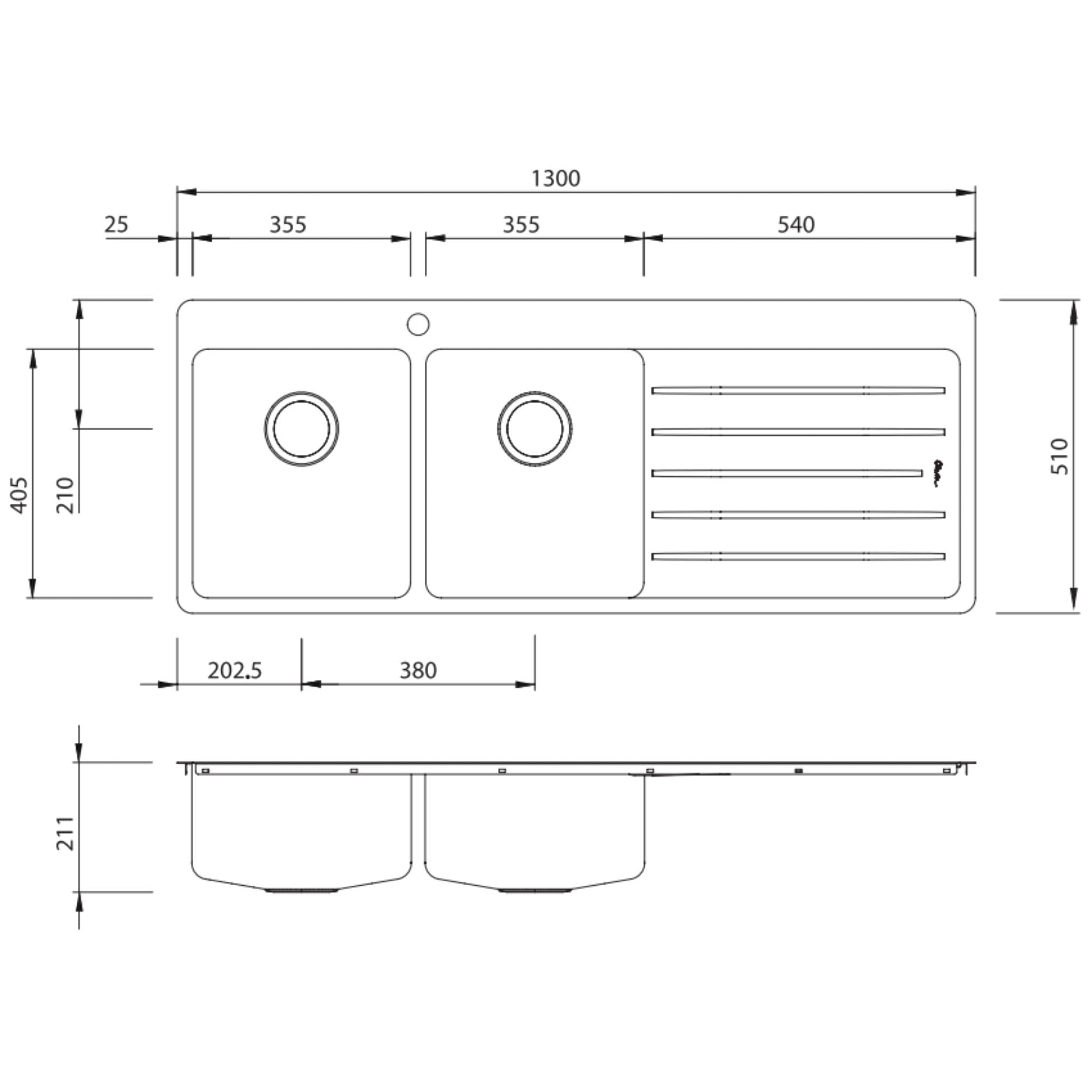 OLIVERI SONETTO DOUBLE BOWL TOPMOUNT ALFRESCO AND KITCHEN SINK WITH TAPHOLE & DRAINER STAINLESS STEEL 1300MM