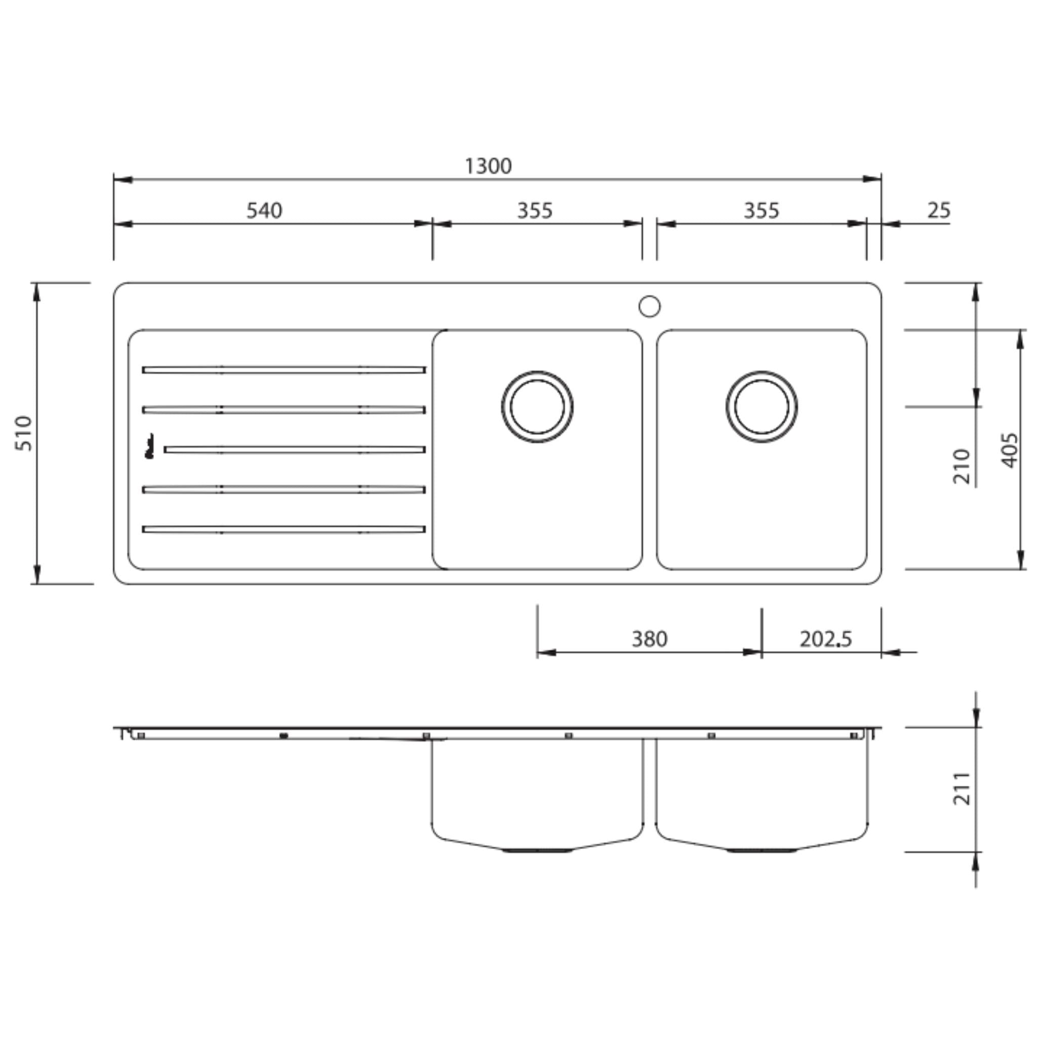 OLIVERI SONETTO DOUBLE BOWL TOPMOUNT ALFRESCO AND KITCHEN SINK WITH TAPHOLE & DRAINER STAINLESS STEEL 1300MM