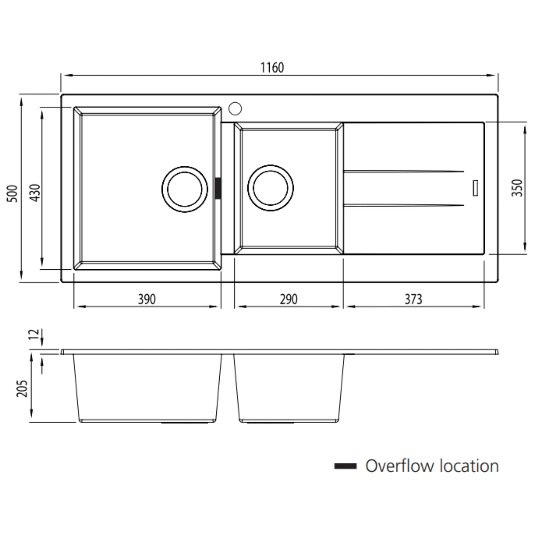 OLIVERI SANTORINI 1 & 3/4 BOWL TOPMOUNT ALFRESCO AND KITCHEN SINK WITH OVERFLOW & RIGHT DRAINER BLACK 1160MM