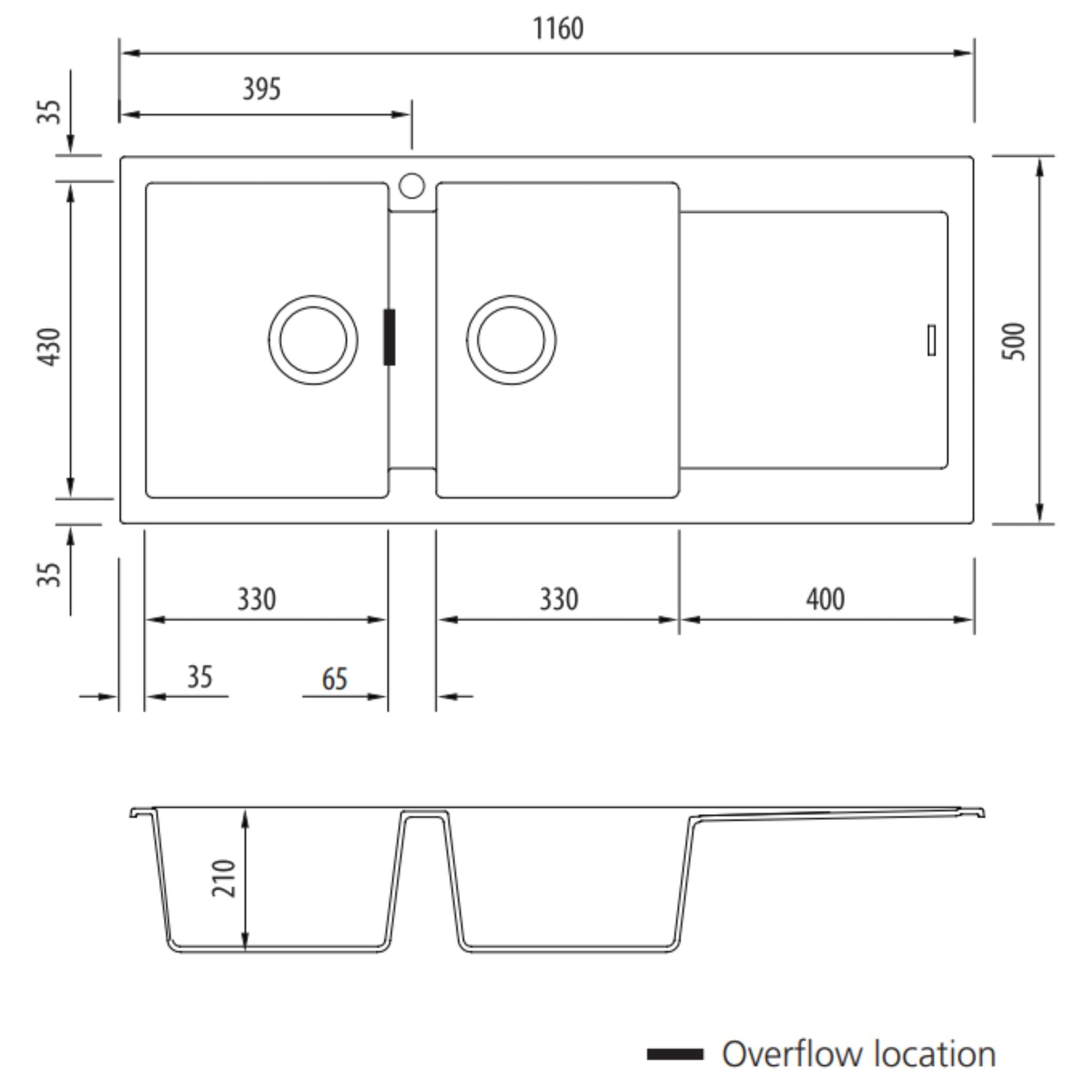 OLIVERI SANTORINI DOUBLE BOWL TOPMOUNT ALFRESCO AND KITCHEN SINK WITH OVERFLOW & RIGHT DRAINER MATTE BLACK 1160MM