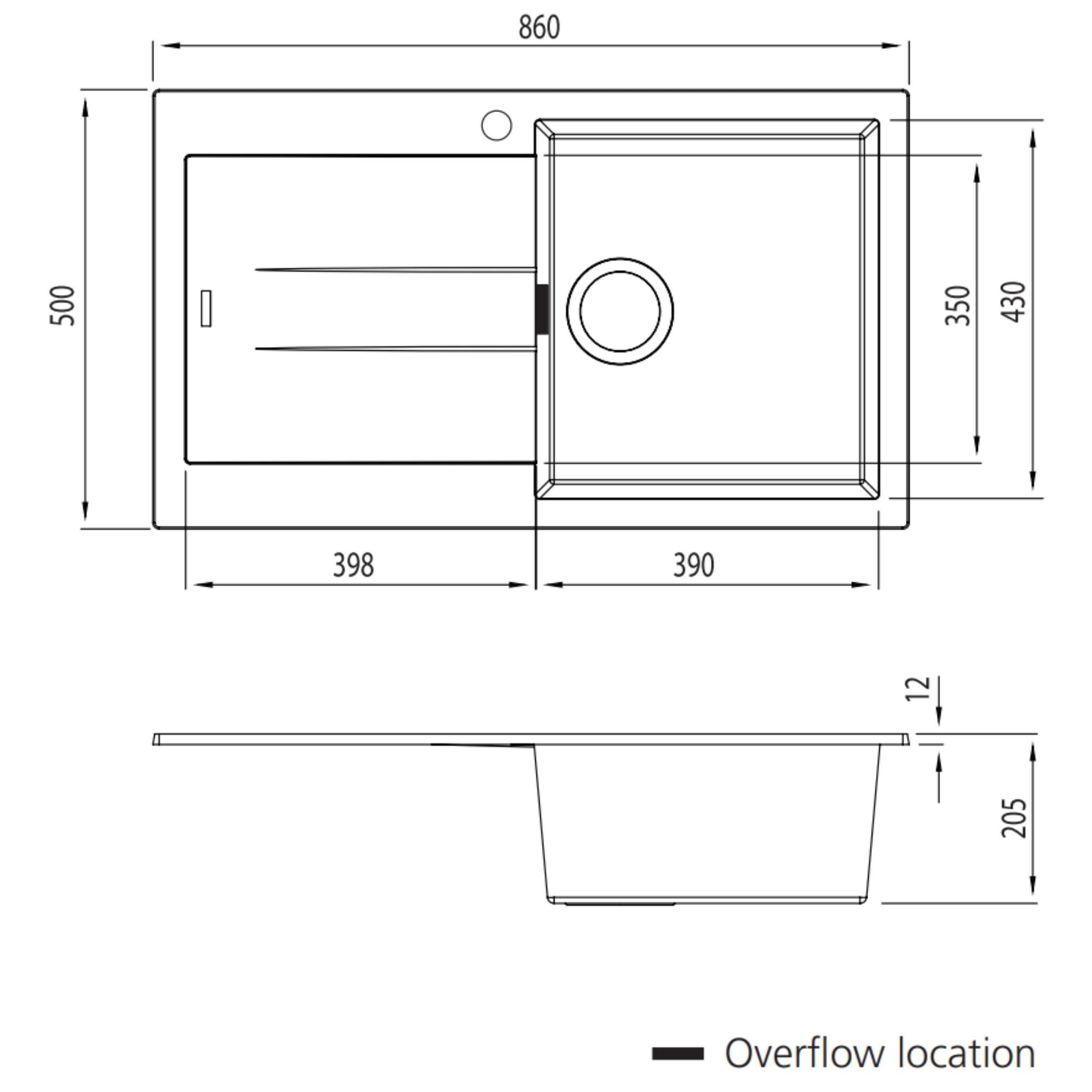 OLIVERI SANTORINI SINGLE BOWL TOPMOUNT ALFRESCO AND KITCHEN SINK WITH OVERFLOW & LEFT DRAINER BLACK 860MM