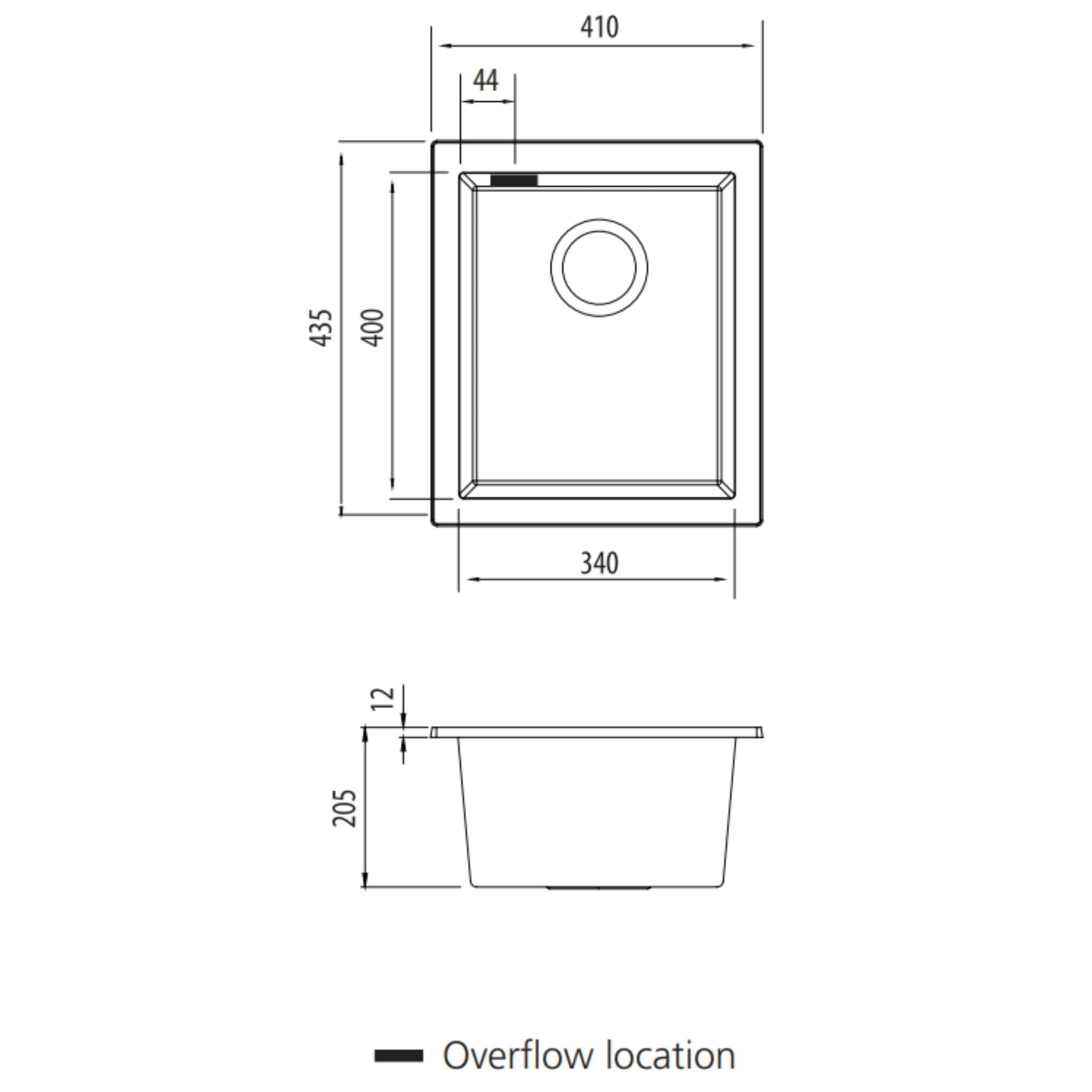OLIVERI SANTORINI SINGLE BOWL UNDERMOUNT KITCHEN AND LAUNDRY SINK WITH OVERFLOW BLACK 410MM