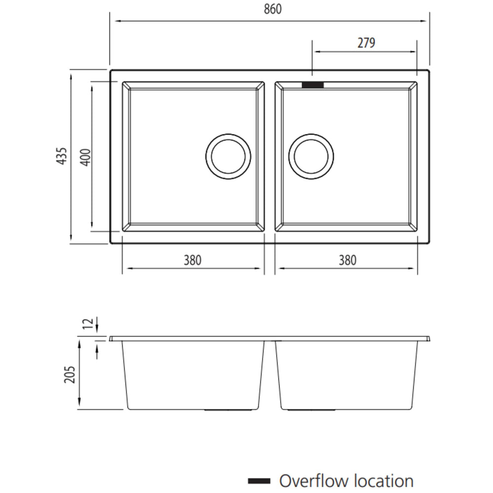 OLIVERI SANTORINI DOUBLE BOWL UNDERMOUNT KITCHEN SINK WITH OVERFLOW BLACK 860MM