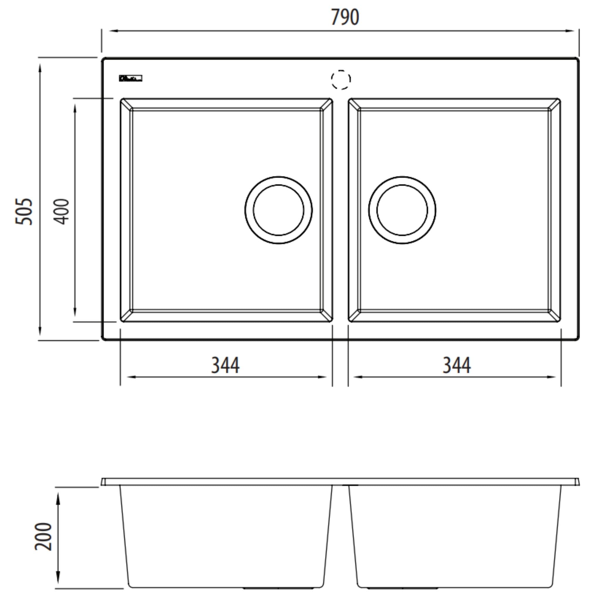 OLIVERI SANTORINI PICCOLO DOUBLE BOWL TOPMOUNT KITCHEN SINK WITH TAPHOLE BLACK 790MM
