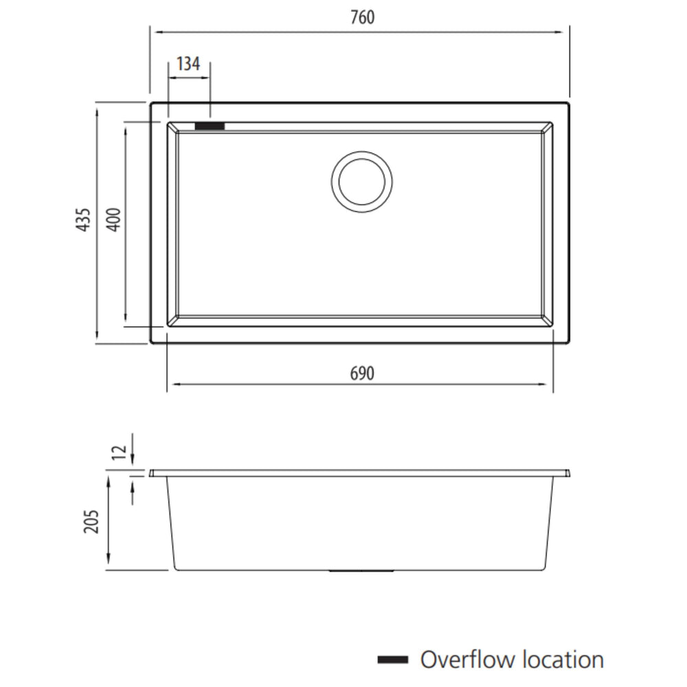 OLIVERI SANTORINI SINGLE BOWL UNDERMOUNT KITCHEN AND LAUNDRY SINK WITH OVERFLOW BLACK 760MM