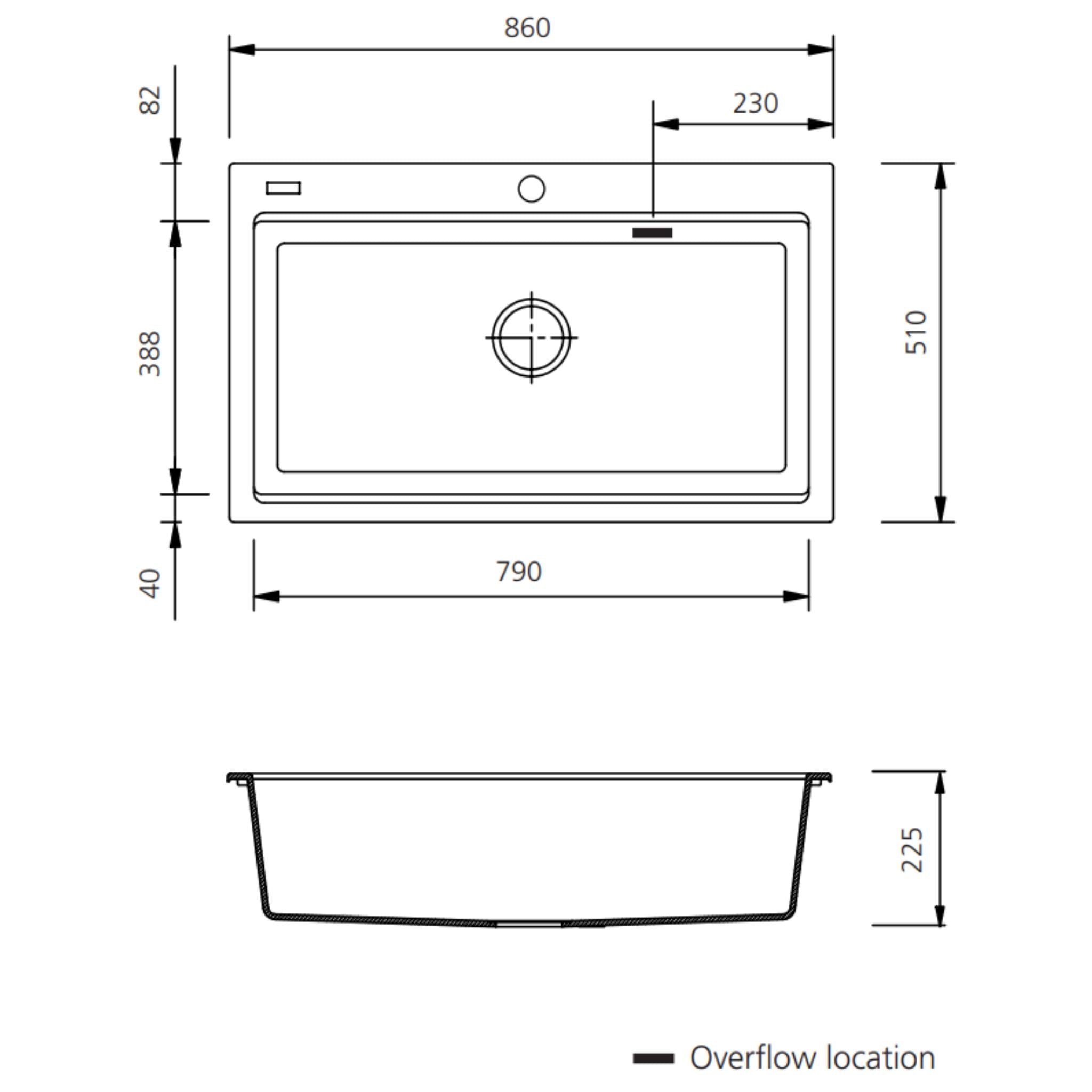 OLIVERI SANTORINI SINGLE BOWL TOPMOUNT WORKSTATION KITCHEN SINK WITH OVERFLOW BLACK 860MM