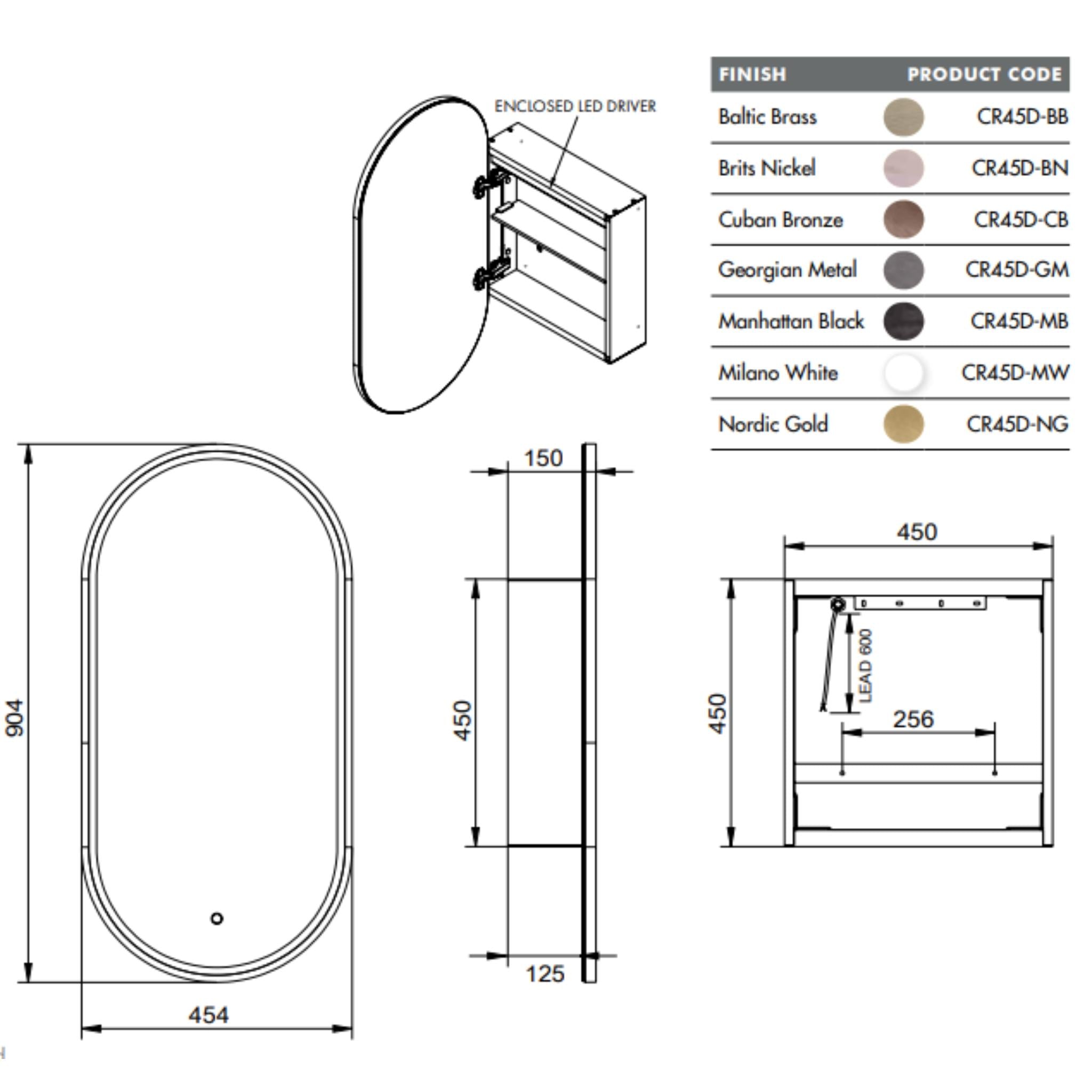 REMER CAPSULE CUSTOM COLOURS FRAMED WHITE LED SHAVING CABINET 454X904MM