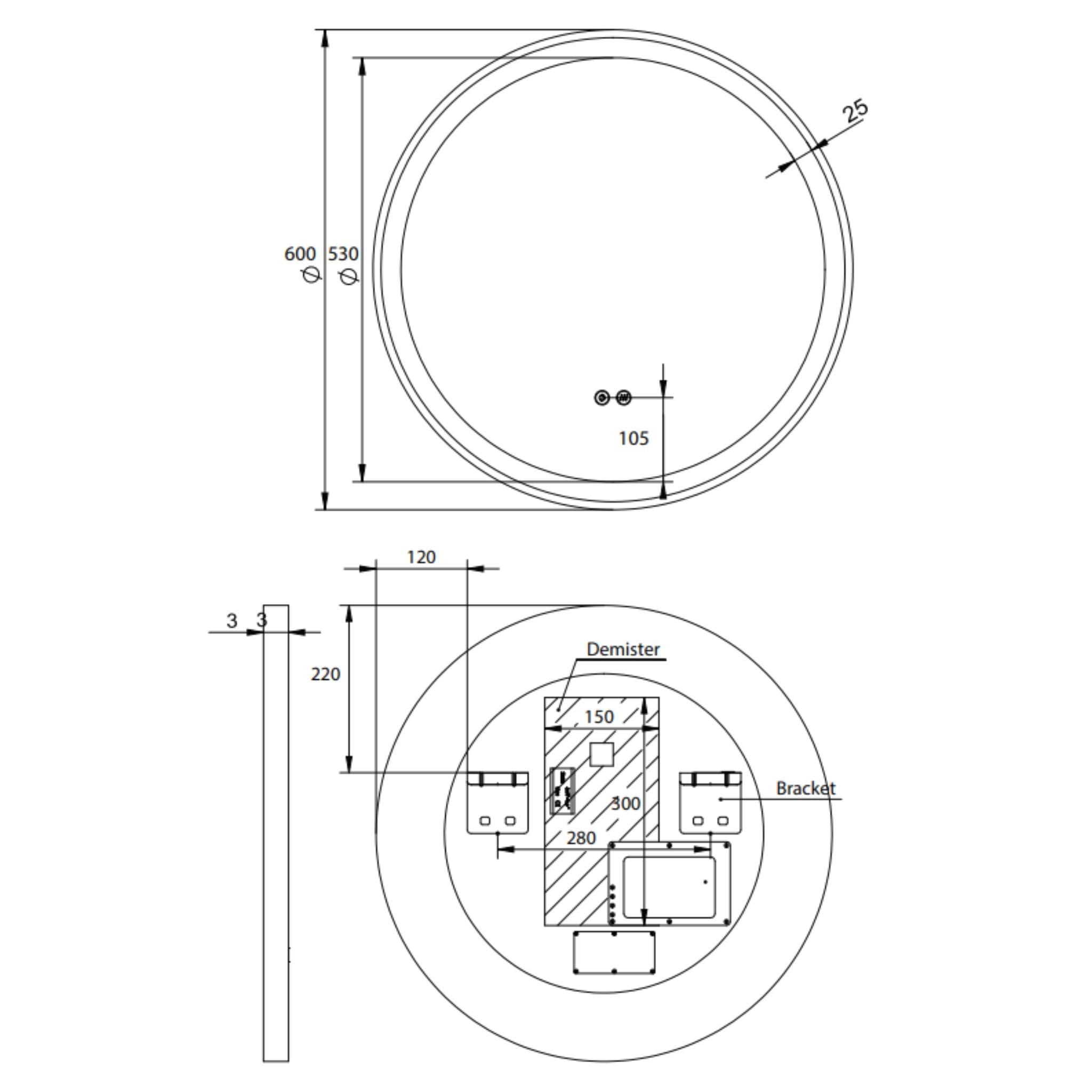 REMER ECLIPSE ROUND FRAMED LED MIRROR WITH DEMISTER MATTE BLACK 600X600MM
