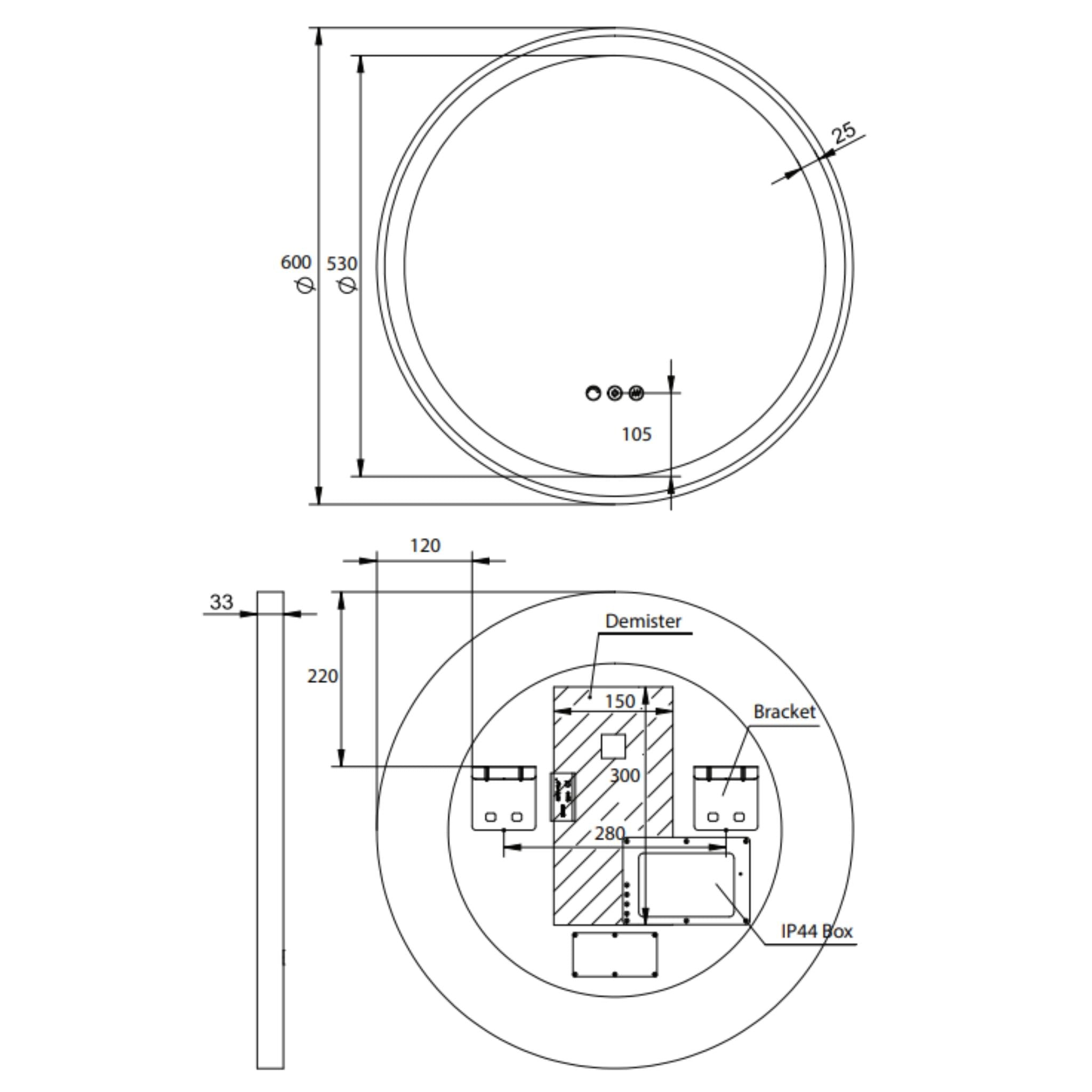 REMER ECLIPSE ROUND FRAMED LED MIRROR WITH DIMMER & DEMISTER MATTE WHITE 600X600MM