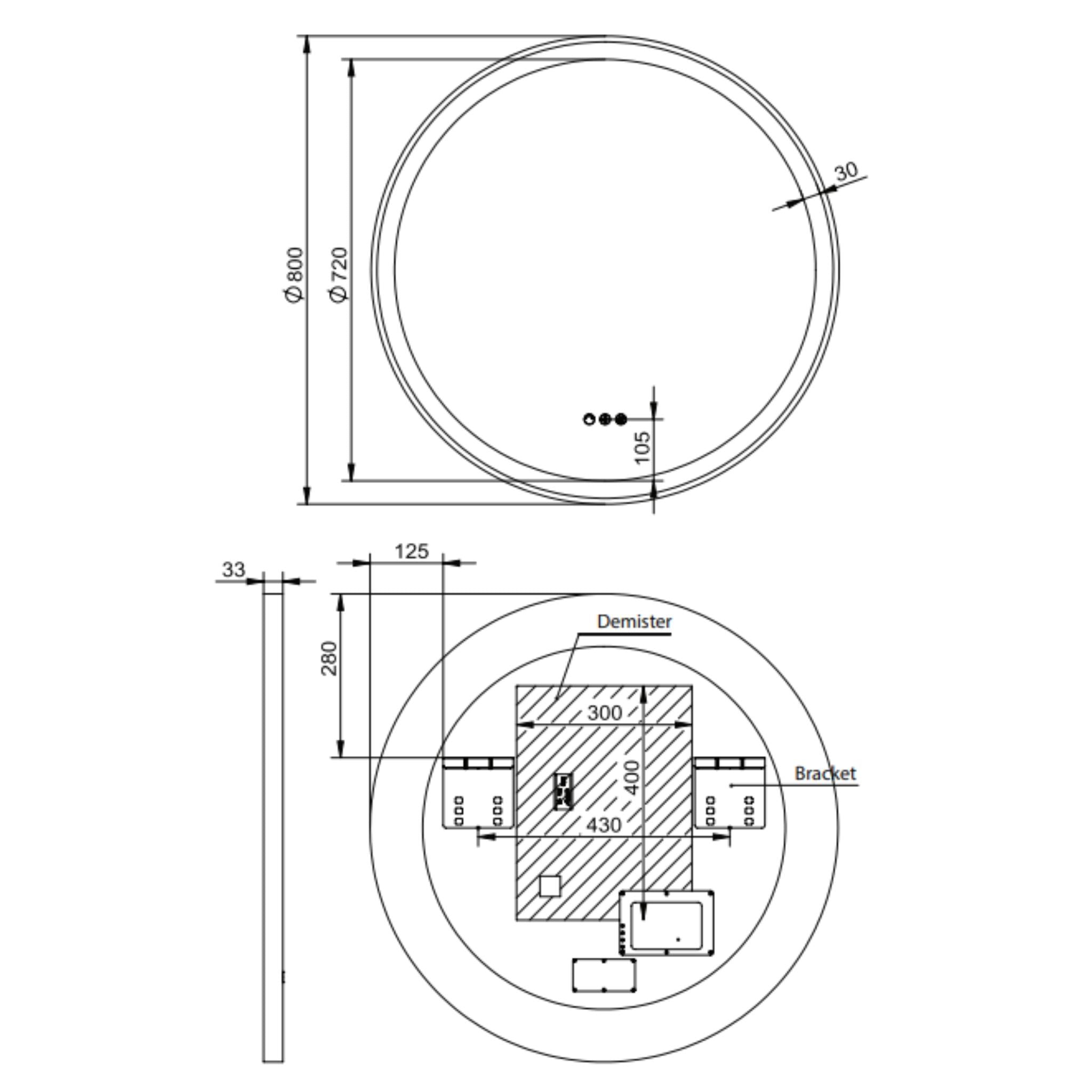 REMER ECLIPSE ROUND FRAMED LED MIRROR WITH DIMMER & DEMISTER MATTE BLACK 800X800MM