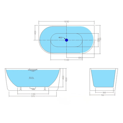 POSEIDON ELIVIA BACK TO WALL BATHTUB GLOSS WHITE 1690MM