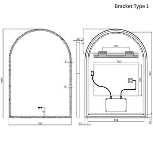 REMER ARCH FRAMED LED MIRROR W/ DEMISTER BRITS NICKEL 700X1000MM