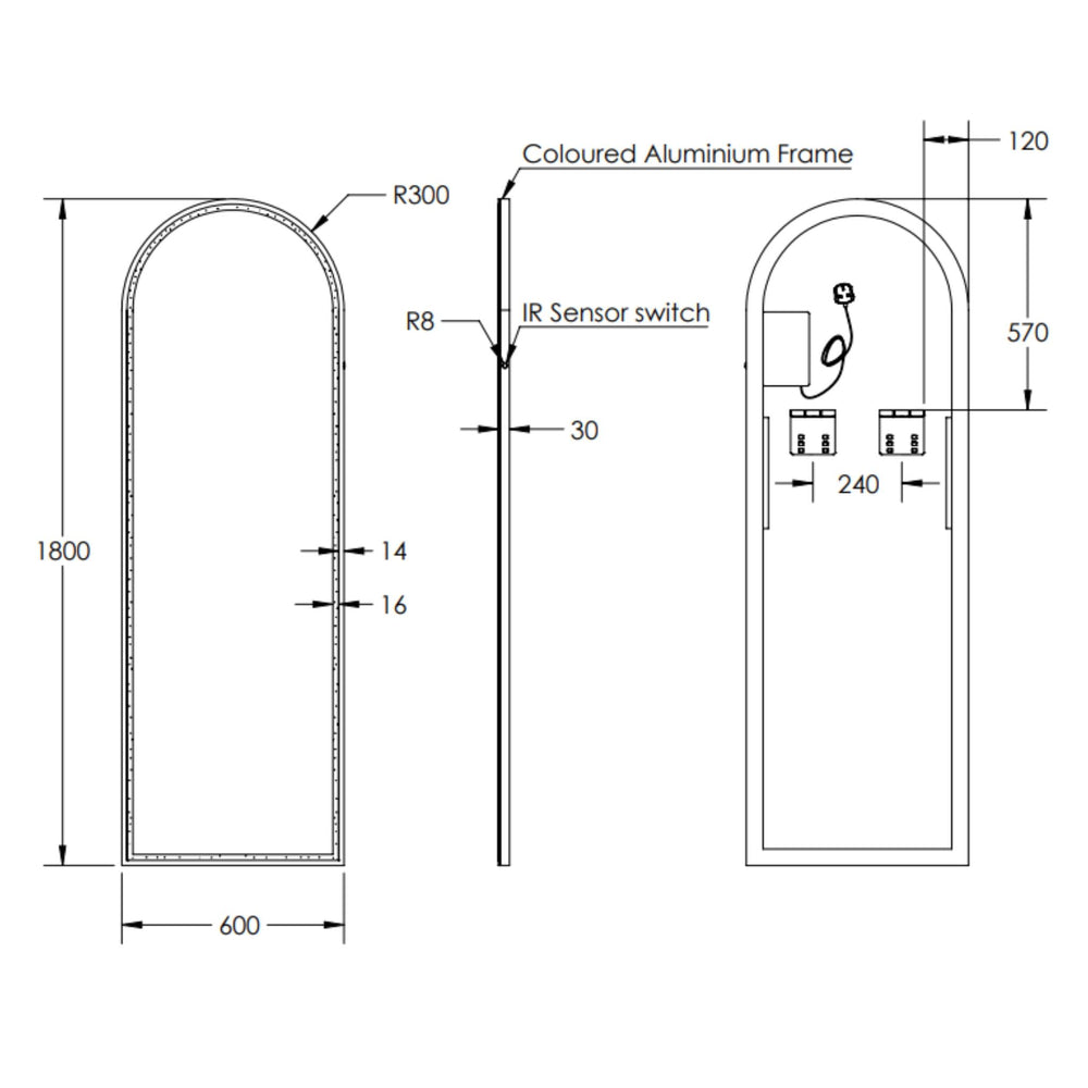 REMER ARCH FRAMED LED MIRROR WITH PORTABLE MAGNIFIER MATTE BLACK 600X1800MM