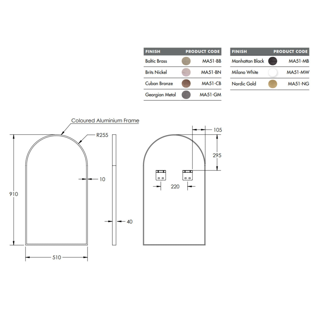 REMER MODERN ARCH FRAMED MIRROR WITH PORTABLE MAGNIFIER CUSTOM COLOURS 510X910MM