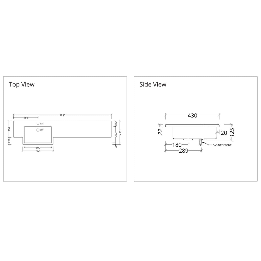 DUROCLASS MONACO FORWARD GLOSS WHITE OFFSET SINGLE BOWL SEMI-RECESSED VANITY TOP 1830MM
