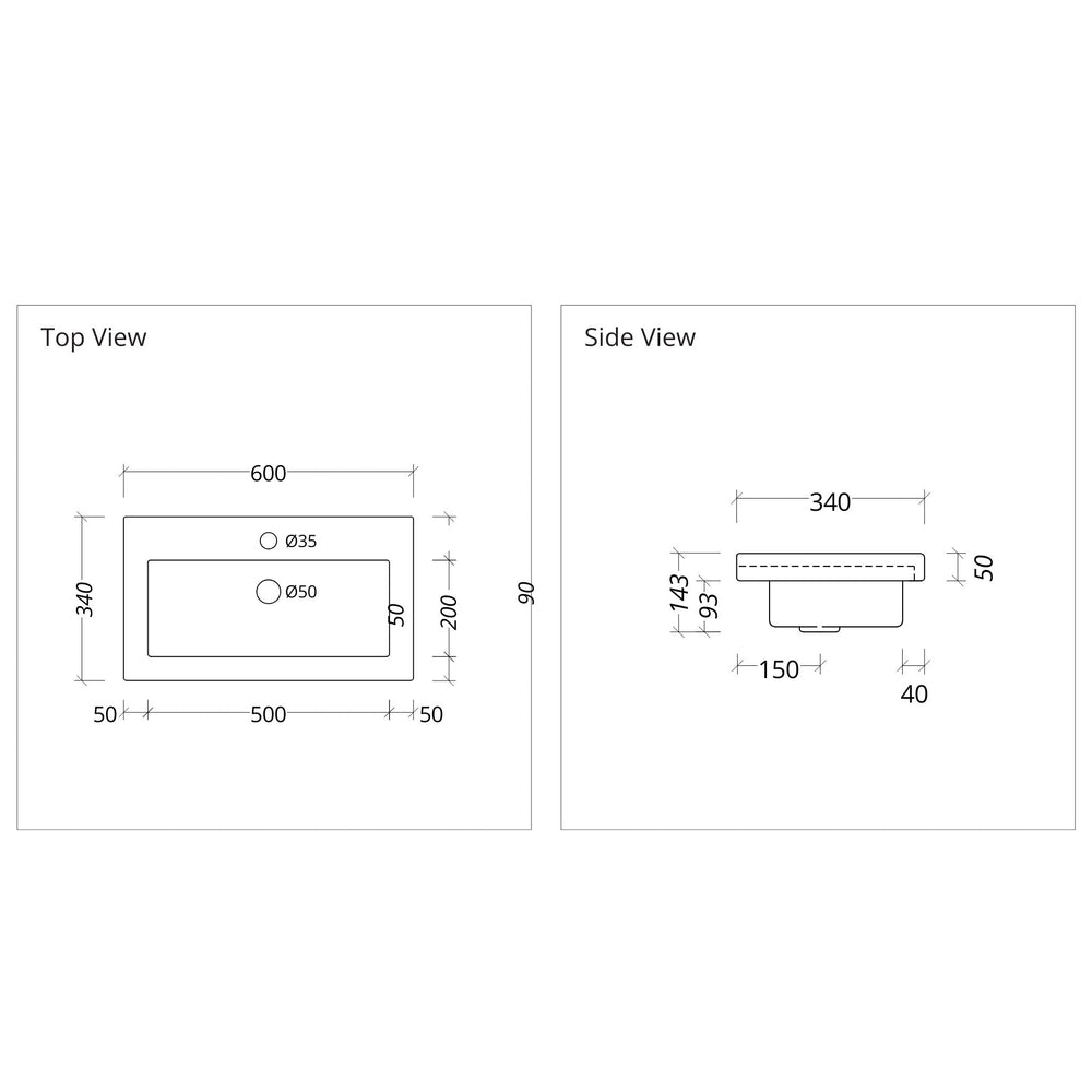 DUROCLASS MONACO MAJOR ENSUITE GLOSS WHITE SINGLE BOWL UNDERMOUNT VANITY TOP  (AVAILABLE IN 600MM AND 750MM)