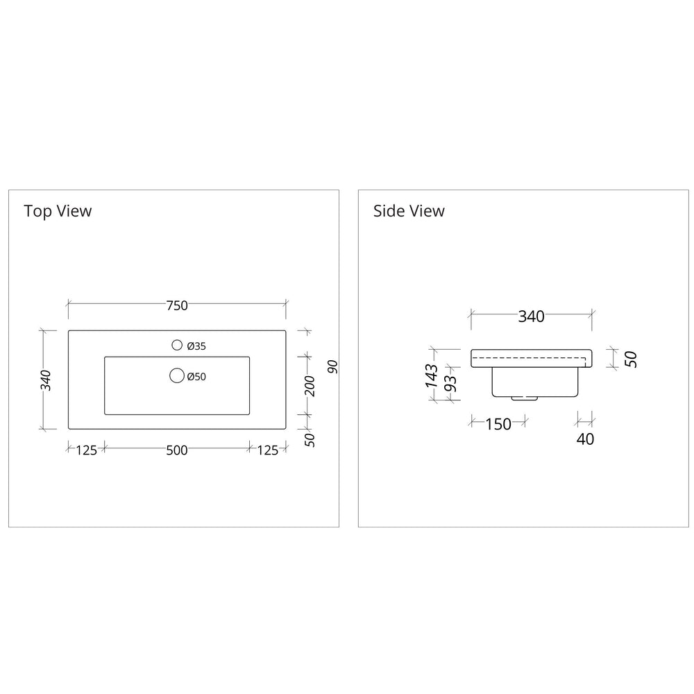 DUROCLASS MONACO MAJOR ENSUITE GLOSS WHITE SINGLE BOWL UNDERMOUNT VANITY TOP  (AVAILABLE IN 600MM AND 750MM)