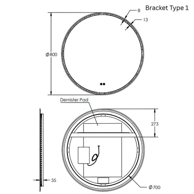 REMER SPHERE FRAMELESS LED MIRROR WITH DEMISTER 800X800MM