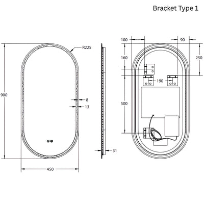 REMER GATSBY OVAL FRAMELESS LED MIRROR WITH DEMISTER 450X900MM