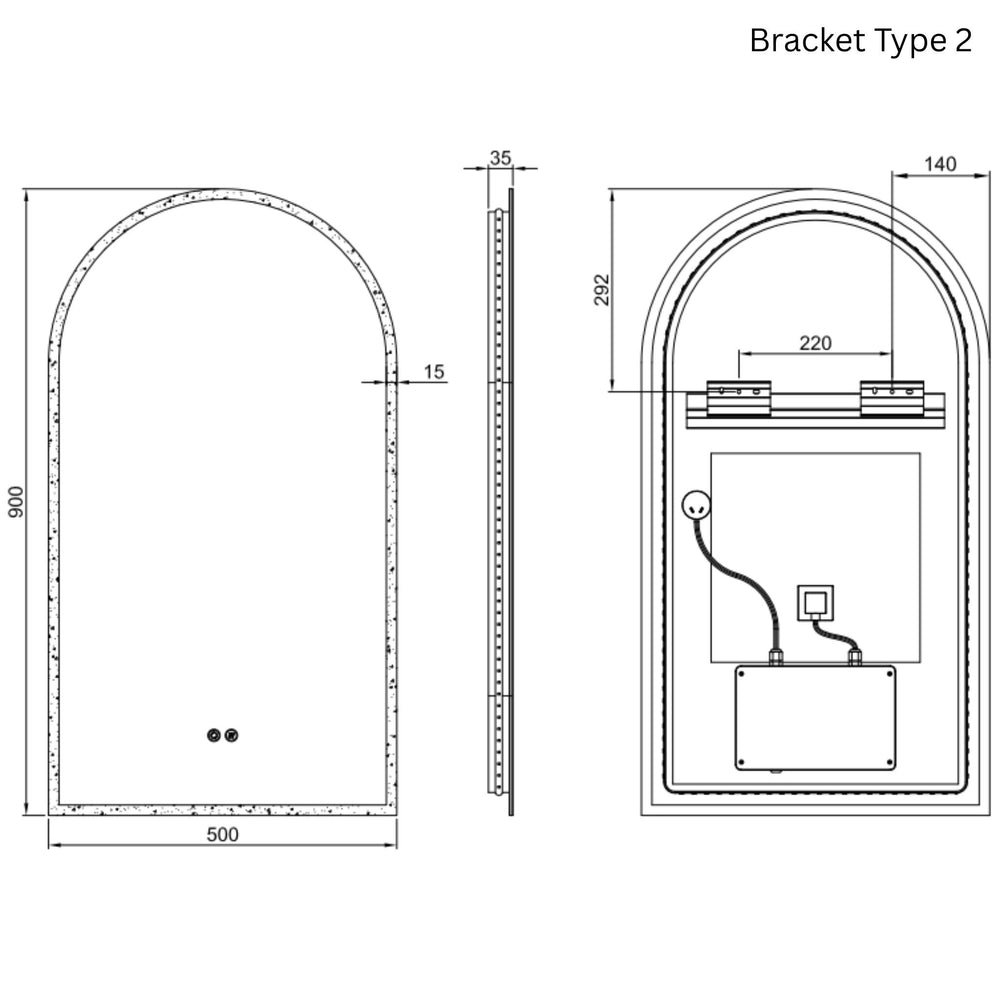 REMER ARCH FRAMELESS LED MIRROR W/ DEMISTER & PORTABLE MAGNIFIER 500X900MM