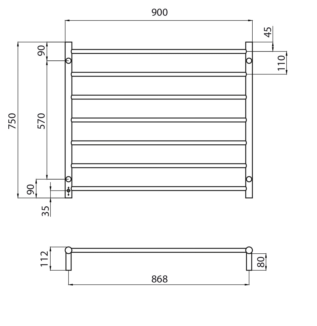 RADIANT HEATING 7-BARS ROUND HEATED TOWEL RAIL BRUSHED SATIN 900MM