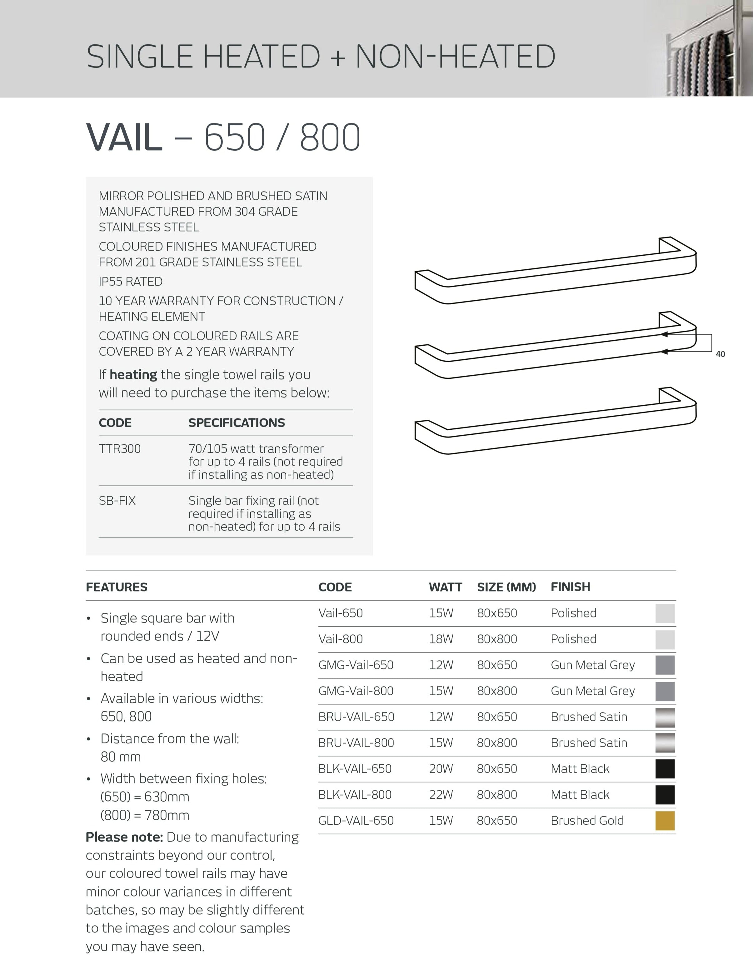 RADIANT HEATING VAIL CURVED HEATED SINGLE TOWEL RAIL CHROME 650MM AND 800MM