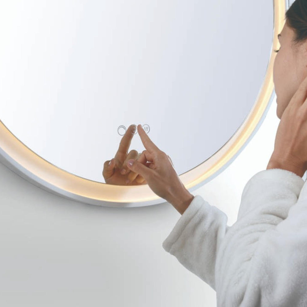 REMER ECLIPSE ROUND FRAMED LED MIRROR WITH DIMMER & DEMISTER MATTE WHITE 600X600MM
