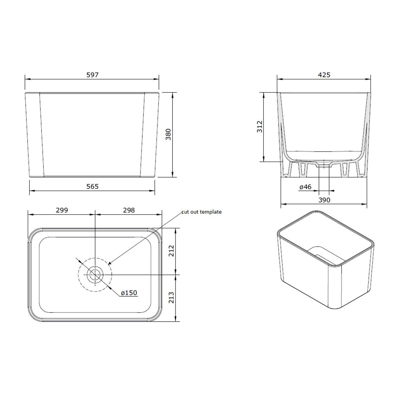 TURNER HASTINGS TRIBO FINE FIRECLAY SINK GLOSS WHITE 597MM