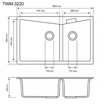 AQUAPERLA CARYSIL DOUBLE BOWL GRANITE KITCHEN SINK BLACK 800MM