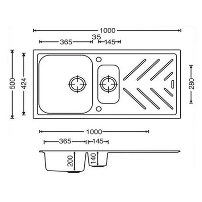 AQUAPERLA QUARTZ 1 & 1/4 DOUBLE BOWL KITCHEN SINK BLACK GRANITE 1000MM