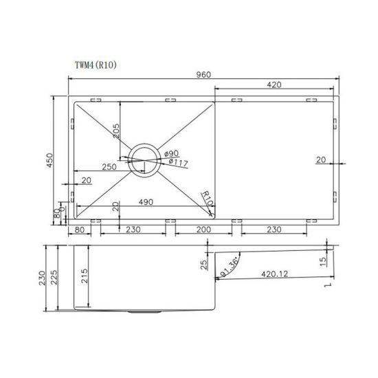 AQUAPERLA T304 TOP/UNDERMOUNT SINGLE BOWL HANDMADE SINK STAINLESS STEEL 960MM