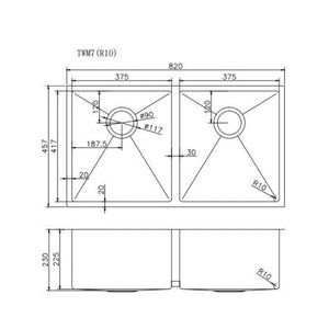 AQUAPERLA T304 HANDMADE DOUBLE BOWL SINK STAINLESS STEEL 820MM