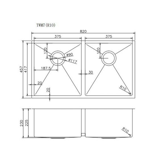 AQUAPERLA T304 HANDMADE DOUBLE BOWL SINK STAINLESS STEEL 820MM