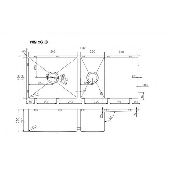 AQUAPERLA T304 UNDERMOUNT ONE AND HALF DOUBLE BOWL SINK STAINLESS STEEL 1160MM