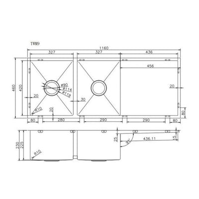 AQUAPERLA T304 UNDERMOUNT DOUBLE BOWL SINK STAINLESS STEEL 1160MM