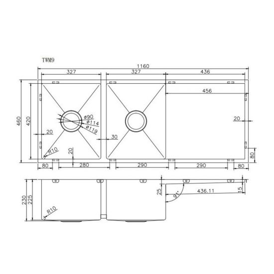 AQUAPERLA T304 UNDERMOUNT DOUBLE BOWL SINK STAINLESS STEEL 1160MM
