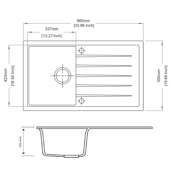 AQUAPERLA CARYSIL SINGLE BOWL WITH DRAINER BOARD GRANITE KITCHEN SINK CONCRETE GREY 860MM