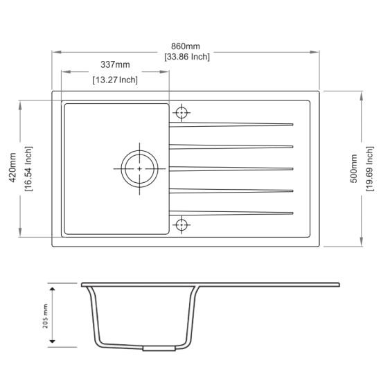 AQUAPERLA  SINGLE BOWL WITH DRAINER BOARD GRANITE KITCHEN SINK CONCRETE GREY 860MM