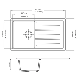 AQUAPERLA  SINGLE BOWL WITH DRAINER BOARD GRANITE KITCHEN SINK CONCRETE GREY 860MM
