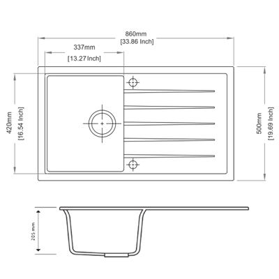 AQUAPERLA CARYSIL SINGLE BOWL WITH DRAINER BOARD GRANITE KITCHEN SINK CONCRETE GREY 860MM